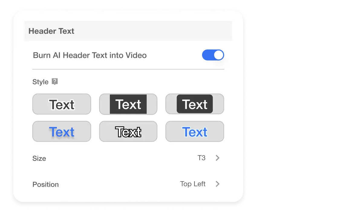 Text style customization options in a mobile video editing app interface, showcasing header text settings for optimal video visuals